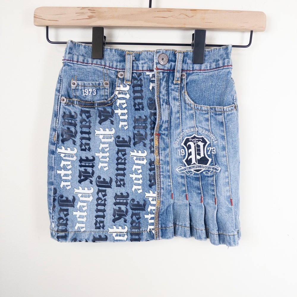 Vintage Pepe Jeans Denim Skirt Blue Graphic Y2K‎ Pleated Kids Size Medium 4-5